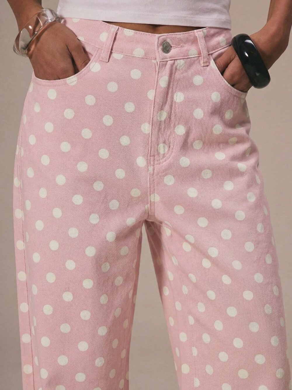 Pink Casual Women's Polka DotDenim Straight Leg Mid Rise Jeans - Picture 4 of 5